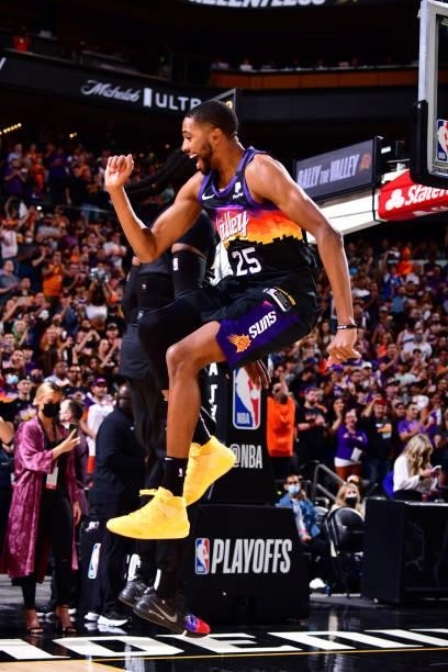 Mikal Bridges and Jae Crowder of the Phoenix Suns jump up before the game against the Denver Nuggets during Round 2, Game 1 of the 2021 NBA Playoffs...