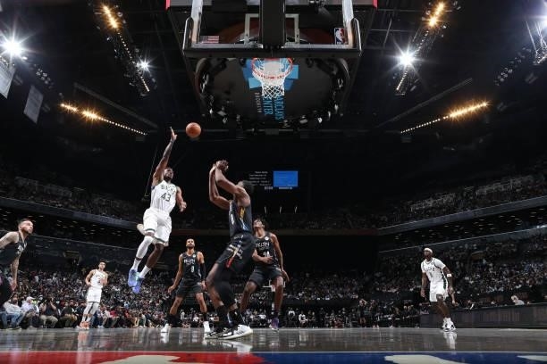 Thanasis Antetokounmpo of the Milwaukee Bucks shoots the ball against the Brooklyn Nets during Round 2, Game 2 of the 2021 NBA Playoffs on June 7,...