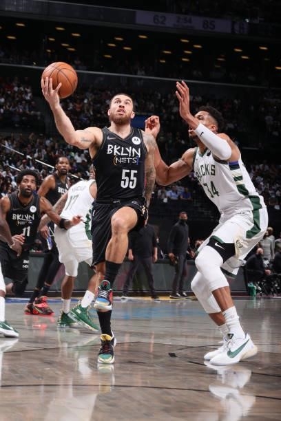 Mike James of the Brooklyn Nets drives to the basket against the Milwaukee Bucks during Round 2, Game 2 of the 2021 NBA Playoffs on June 7, 2021 at...