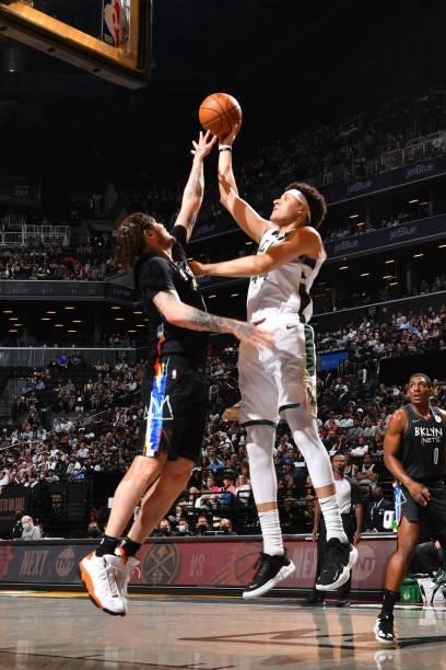 Justin Jackson of the Milwaukee Bucks shoots the ball against the Brooklyn Nets during Round 2, Game 2 on June 7, 2021 at Barclays Center in...