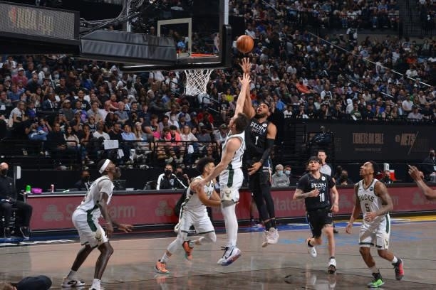 Bruce Brown of the Brooklyn Nets shoots the ball against the Milwaukee Bucks during Round 2, Game 2 on June 7, 2021 at Barclays Center in Brooklyn,...