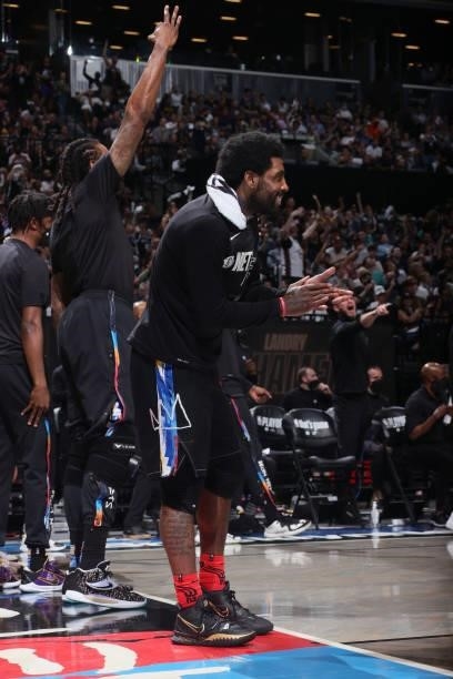 Kyrie Irving of the Brooklyn Nets celebrates during Round 2, Game 2 of the 2021 NBA Playoffs on June 7, 2021 at Barclays Center in Brooklyn, New...