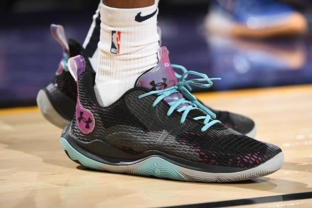 The sneakers of Will Barton of the Denver Nuggets before the game against the Phoenix Suns during Round 2, Game 1 of the 2021 NBA Playoffs on June 7,...