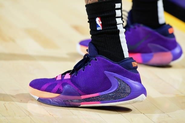 The sneakers of Cameron Payne of the Phoenix Suns before the game against the Denver Nuggets during Round 2, Game 1 of the 2021 NBA Playoffs on June...