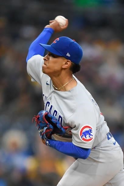 Adbert Alzolay of the Chicago Cubs pitches during the first inning of a baseball game against the San Diego Padres at Petco Park on June 7, 2021 in...
