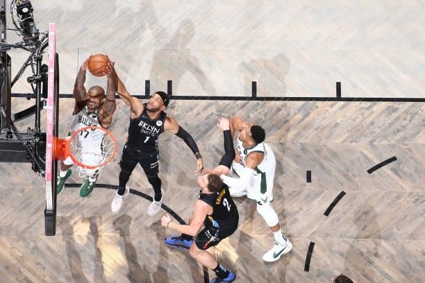 Tucker of the Milwaukee Bucks drives to the basket against the Brooklyn Nets during Round 2, Game 2 of the 2021 NBA Playoffs on June 7, 2021 at...