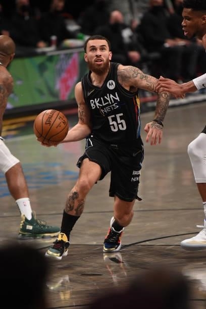 Mike James of the Brooklyn Nets drives to the basket against the Milwaukee Bucks during Round 2, Game 2 on June 7, 2021 at Barclays Center in...