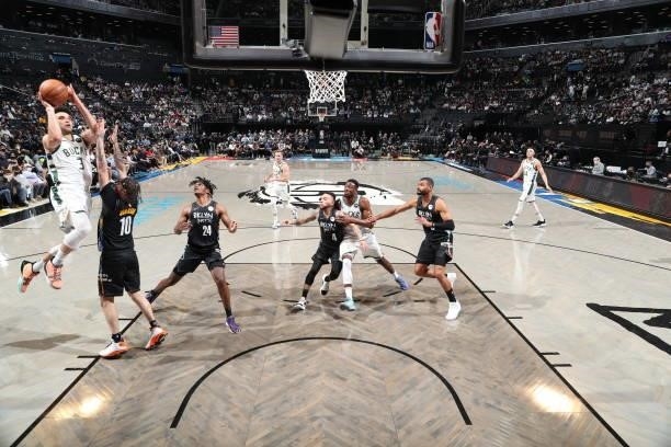 Elijah Bryant of the Milwaukee Bucks drives to the basket against the Brooklyn Nets during Round 2, Game 2 of the 2021 NBA Playoffs on June 7, 2021...