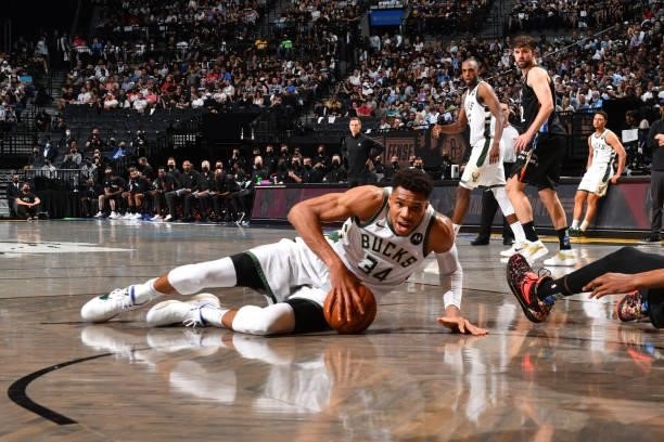 Giannis Antetokounmpo of the Milwaukee Bucks fights for the ball against the Brooklyn Nets during Round 2, Game 2 on June 7, 2021 at Barclays Center...