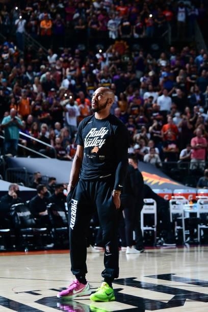 Jevon Carter of the Phoenix Suns looks on before the game against the Denver Nuggets during Round 2, Game 1 of the 2021 NBA Playoffs on June 7, 2021...