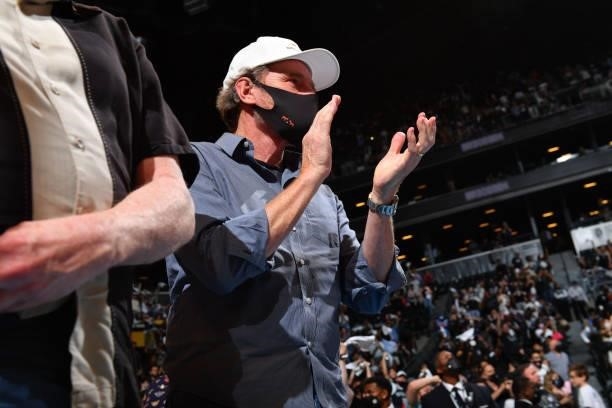 Actor, Bryan Cranston, attends a game between the Milwaukee Bucks and the Brooklyn Nets during Round 2, Game 2 on June 7, 2021 at Barclays Center in...