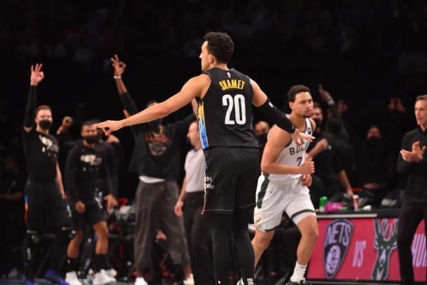 Landry Shamet of the Brooklyn Nets reacts during a game against the Milwaukee Bucks during Round 2, Game 2 on June 7, 2021 at Barclays Center in...