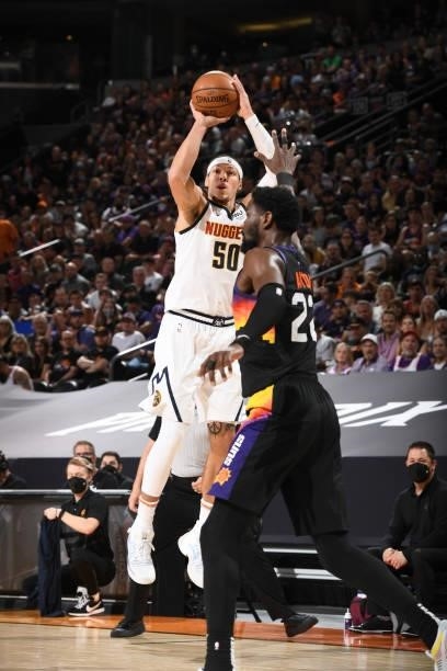 Aaron Gordon of the Denver Nuggets shoots the ball against the Phoenix Suns during Round 2, Game 1 of the 2021 NBA Playoffs on June 7, 2021 at...