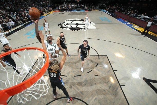 Bobby Portis of the Milwaukee Bucks shoots the ball against the Brooklyn Nets during Round 2, Game 2 of the 2021 NBA Playoffs on June 7, 2021 at...