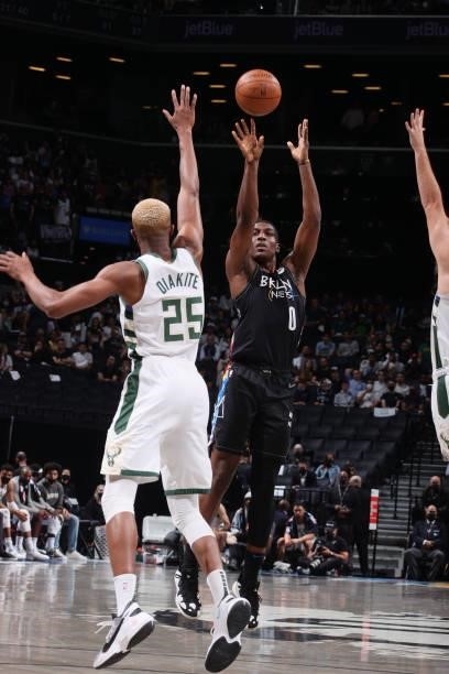 Reggie Perry of the Brooklyn Nets shoots the ball against the Milwaukee Bucks during Round 2, Game 2 of the 2021 NBA Playoffs on June 7, 2021 at...