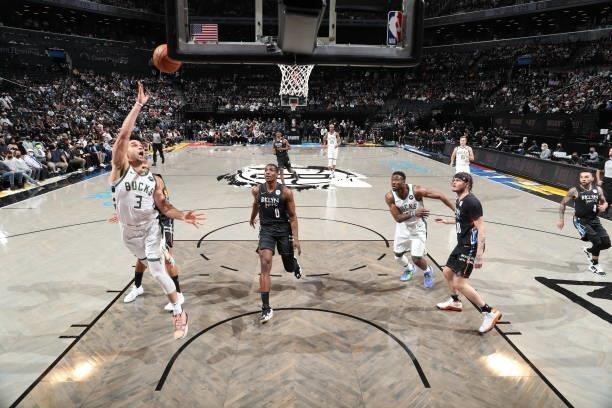 Elijah Bryant of the Milwaukee Bucks shoots the ball against the Brooklyn Nets during Round 2, Game 2 of the 2021 NBA Playoffs on June 7, 2021 at...