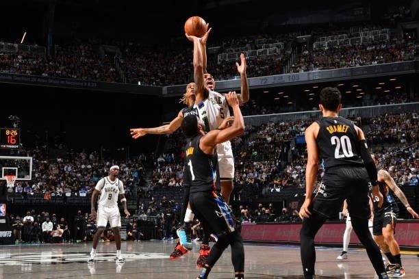 Jeff Teague of the Milwaukee Bucks shoots the ball against the Brooklyn Nets during Round 2, Game 2 on June 7, 2021 at Barclays Center in Brooklyn,...