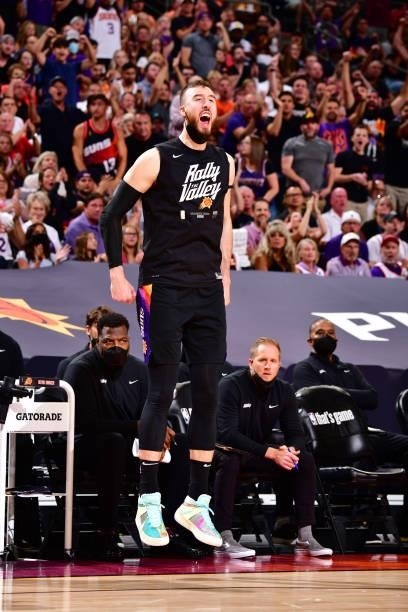 Frank Kaminsky of the Phoenix Suns celebrates during Round 2, Game 1 of the 2021 NBA Playoffs on June 7, 2021 at Phoenix Suns Arena in Phoenix,...