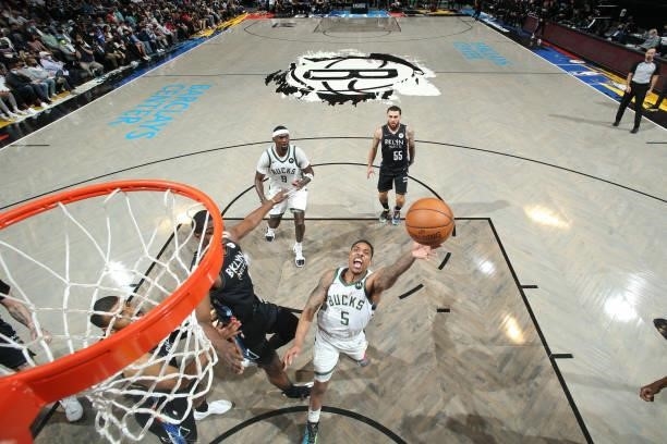 Jeff Teague of the Milwaukee Bucks shoots the ball against the Brooklyn Nets during Round 2, Game 2 of the 2021 NBA Playoffs on June 7, 2021 at...