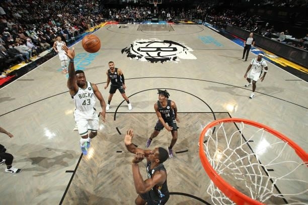 Thanasis Antetokounmpo of the Milwaukee Bucks shoots the ball against the Brooklyn Nets during Round 2, Game 2 of the 2021 NBA Playoffs on June 7,...