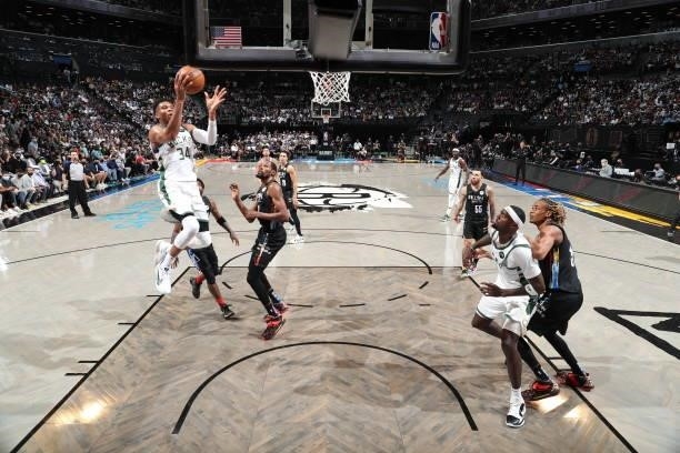 Giannis Antetokounmpo of the Milwaukee Bucks drives to the basket against the Brooklyn Nets during Round 2, Game 2 of the 2021 NBA Playoffs on June...