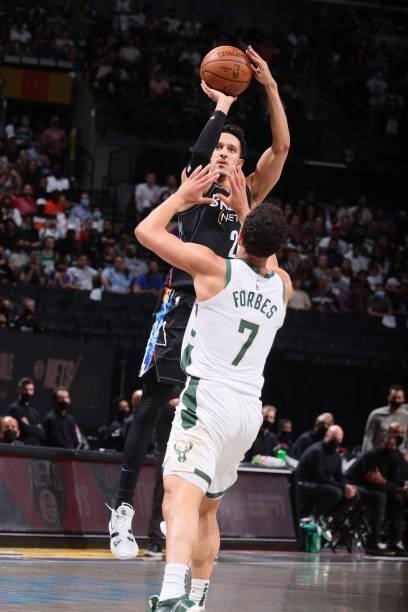 Landry Shamet of the Brooklyn Nets shoots the ball against the Milwaukee Bucks during Round 2, Game 2 of the 2021 NBA Playoffs on June 7, 2021 at...