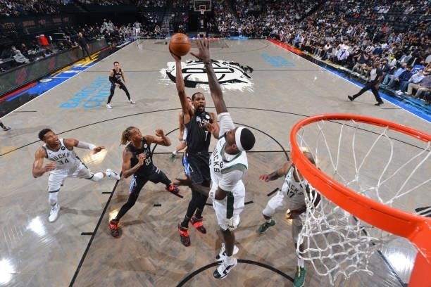 Kevin Durant of the Brooklyn Nets shoots the ball against the Milwaukee Bucks during Round 2, Game 2 on June 7, 2021 at Barclays Center in Brooklyn,...