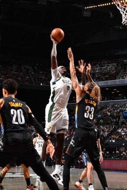 Bobby Portis of the Milwaukee Bucks shoots the ball against the Brooklyn Nets during Round 2, Game 2 on June 7, 2021 at Barclays Center in Brooklyn,...