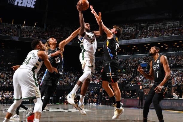 Khris Middleton of the Milwaukee Bucks shoots the ball against the Brooklyn Nets during Round 2, Game 2 on June 7, 2021 at Barclays Center in...