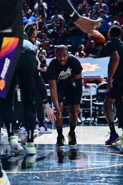 Chris Paul of the Phoenix Suns is introduced before the game against the Denver Nuggets during Round 2, Game 1 of the 2021 NBA Playoffs on June 7,...