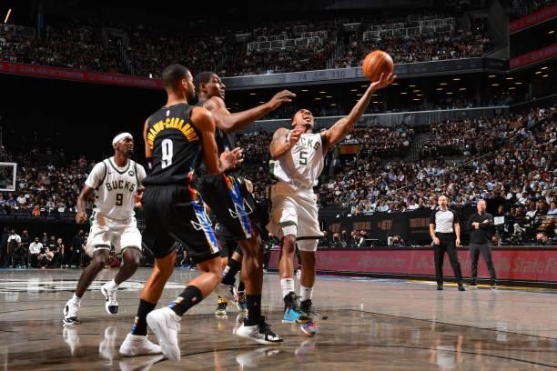 Jeff Teague of the Milwaukee Bucks shoots the ball against the Brooklyn Nets during Round 2, Game 2 on June 7, 2021 at Barclays Center in Brooklyn,...