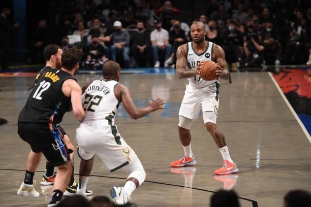 Tucker of the Milwaukee Bucks passes the ball against the Brooklyn Nets during Round 2, Game 2 on June 7, 2021 at Barclays Center in Brooklyn, New...