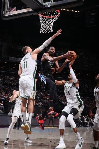 Kevin Durant of the Brooklyn Nets drives to the basket against the Milwaukee Bucks during Round 2, Game 2 of the 2021 NBA Playoffs on June 7, 2021 at...