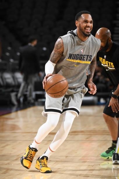 Monte Morris of the Denver Nuggets smiles before the game against the Phoenix Suns during Round 2, Game 1 of the 2021 NBA Playoffs on June 7, 2021 at...