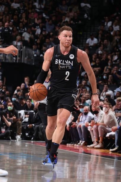 Blake Griffin of the Brooklyn Nets dribbles the ball against the Milwaukee Bucks during Round 2, Game 2 of the 2021 NBA Playoffs on June 7, 2021 at...