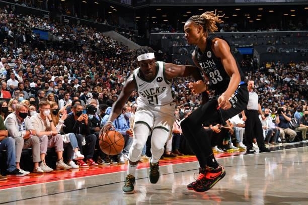 Jrue Holiday of the Milwaukee Bucks handles the ball against the Brooklyn Nets during Round 2, Game 2 on June 7, 2021 at Barclays Center in Brooklyn,...