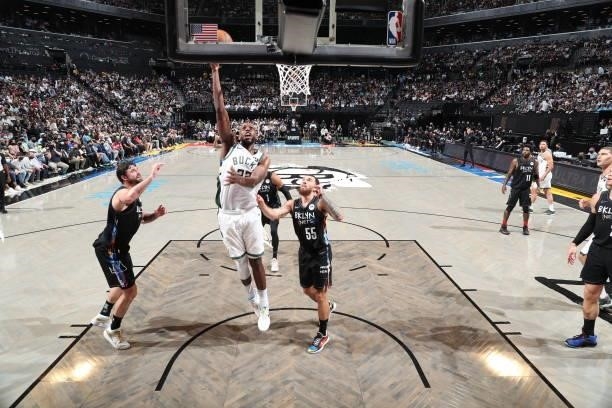 Khris Middleton of the Milwaukee Bucks shoots the ball against the Brooklyn Nets during Round 2, Game 2 of the 2021 NBA Playoffs on June 7, 2021 at...