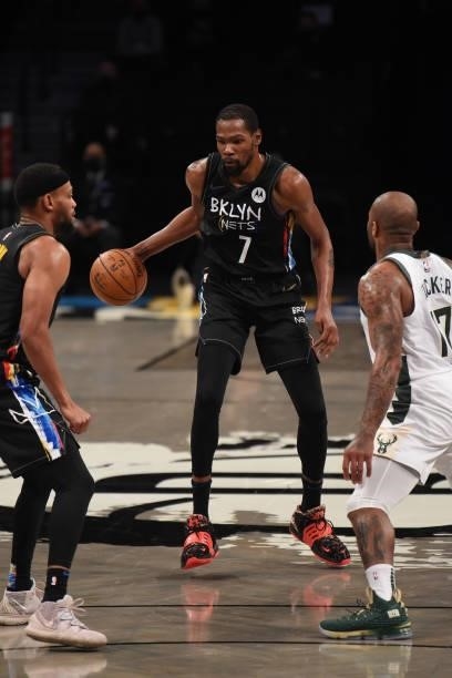 Kevin Durant of the Brooklyn Nets handles the ball against the Milwaukee Bucks during Round 2, Game 2 on June 7, 2021 at Barclays Center in Brooklyn,...
