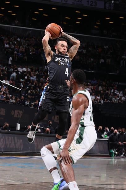 Chris Chiozza of the Brooklyn Nets passes the ball against the Milwaukee Bucks during Round 2, Game 2 of the 2021 NBA Playoffs on June 7, 2021 at...