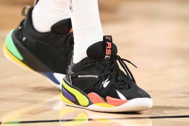 The sneakers of Michael Porter Jr. #1 of the Denver Nuggets before the game against the Phoenix Suns during Round 2, Game 1 of the 2021 NBA Playoffs...