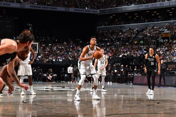 Giannis Antetokounmpo of the Milwaukee Bucks shoots a free throw during a game against the Brooklyn Nets during Round 2, Game 2 on June 7, 2021 at...