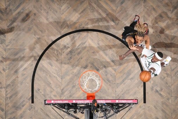 Bobby Portis of the Milwaukee Bucks drives to the basket against the Brooklyn Nets during Round 2, Game 2 of the 2021 NBA Playoffs on June 7, 2021 at...