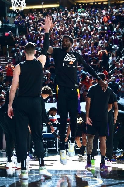 Deandre Ayton of the Phoenix Suns is introduced before the game against the Denver Nuggets during Round 2, Game 1 of the 2021 NBA Playoffs on June 7,...