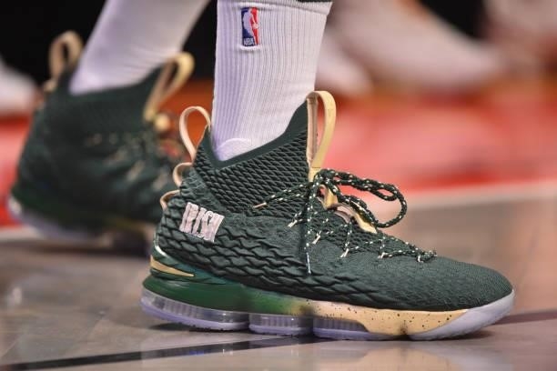 The sneakers worn by P.J. Tucker of the Milwaukee Bucks during Round 2, Game 2 on June 7, 2021 at Barclays Center in Brooklyn, New York. NOTE TO...