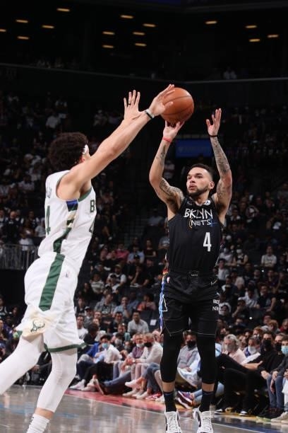 Chris Chiozza of the Brooklyn Nets shoots the ball against the Milwaukee Bucks during Round 2, Game 2 of the 2021 NBA Playoffs on June 7, 2021 at...