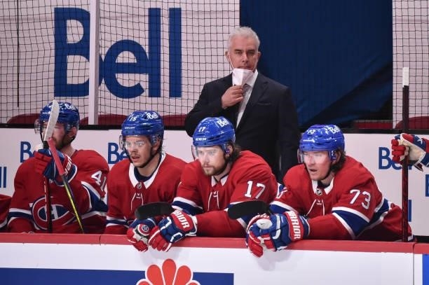 Head Coach Dominique Ducharme of the Montreal Canadiens looks on from behind the bench against the Winnipeg Jets during the second period in Game...