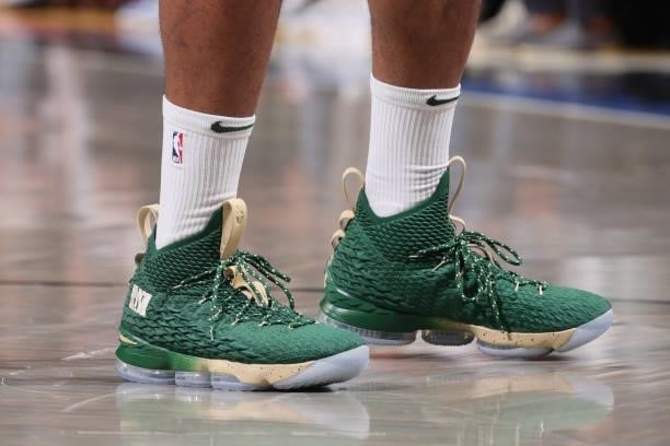 The sneakers worn by P.J. Tucker of the Milwaukee Bucks during Round 2, Game 2 of the 2021 NBA Playoffs on June 7, 2021 at Barclays Center in...