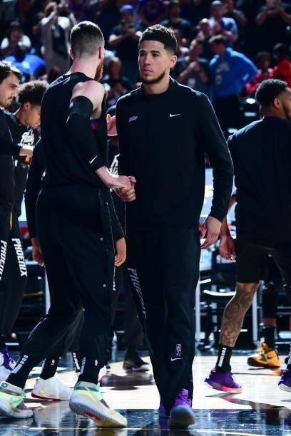 Devin Booker of the Phoenix Suns is introduced before the game against the Denver Nuggets during Round 2, Game 1 of the 2021 NBA Playoffs on June 7,...