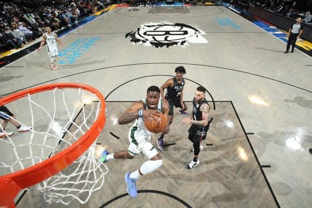 Thanasis Antetokounmpo of the Milwaukee Bucks drives to the basket against the Brooklyn Nets during Round 2, Game 2 of the 2021 NBA Playoffs on June...