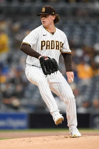 Ryan Weathers of the San Diego Padres during the first inning of a baseball game against the Chicago Cubs at Petco Park on June 7, 2021 in San Diego,...